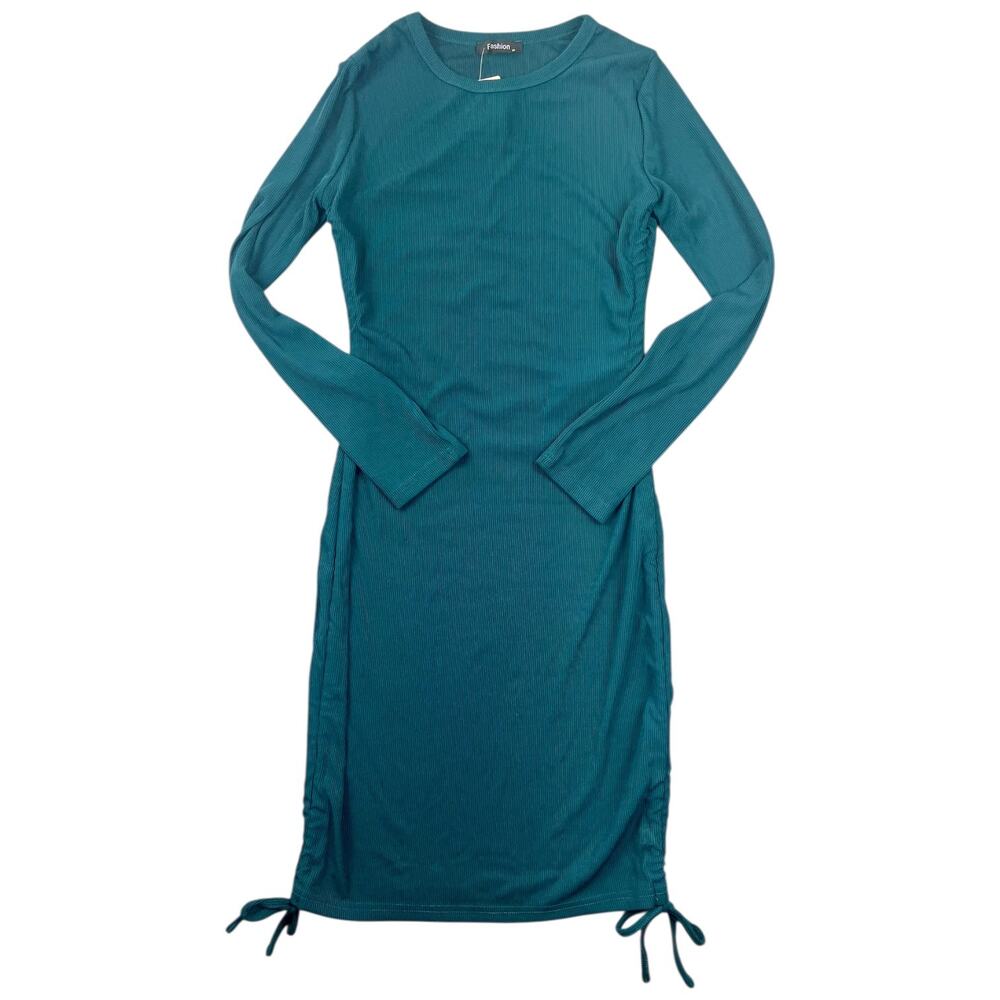 NWT Ribbed Bodycon Midi Dress Teal Long Sleeve Ruched Side Tie - M